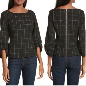 TIBI black Windowpane Plaid Ruched Cuff top